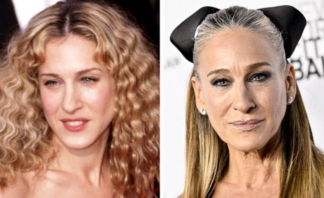 A striking transformation: Sarah Jessica Parker’s journey from her iconic curly-haired days on Sex and the City to her sophisticated, sleek look today.